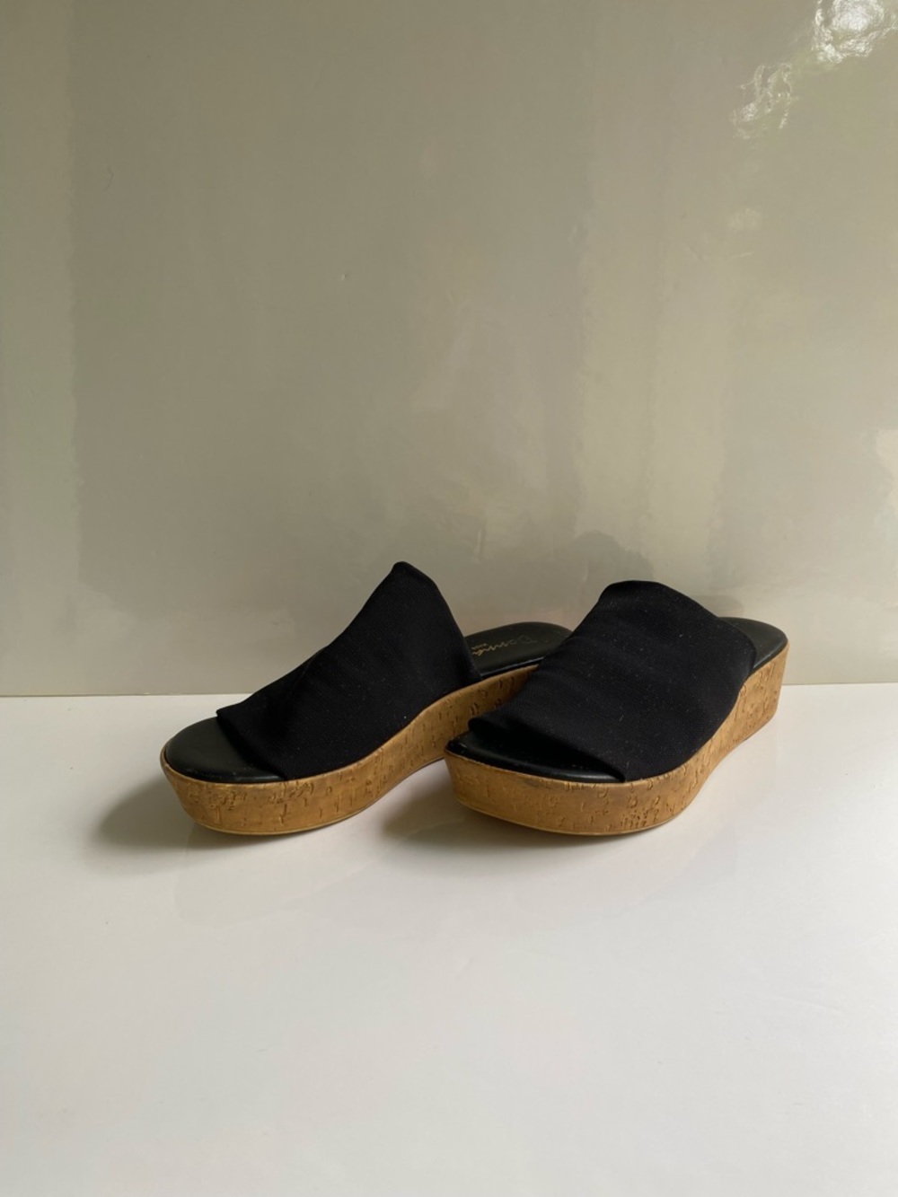 Vintage Black Cork Wedge Slide Sandals